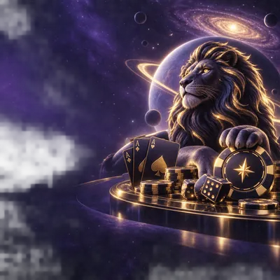 Cinematic 3D hero banner with a glowing roulette wheel and poker chips floating in a deep space Andromeda galaxy scene